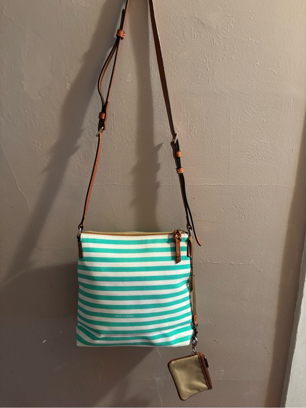 Dooney & Bourke Mint Green and White Striped Crossbody with Tan Leather Trim - Picture 5 of 11